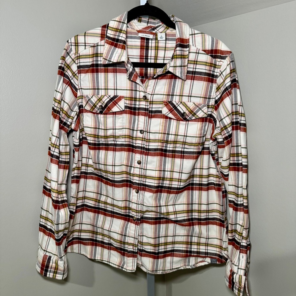 LL‎ Bean Womens Plaid Button Down Shirt Long Sleeve Stretch Sorona Rust Large